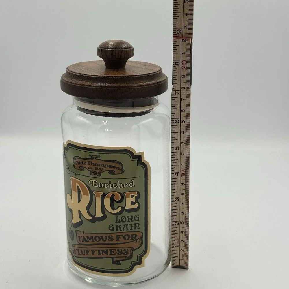Olde Thompson Glass Canister Rice Wood Lid Vintage